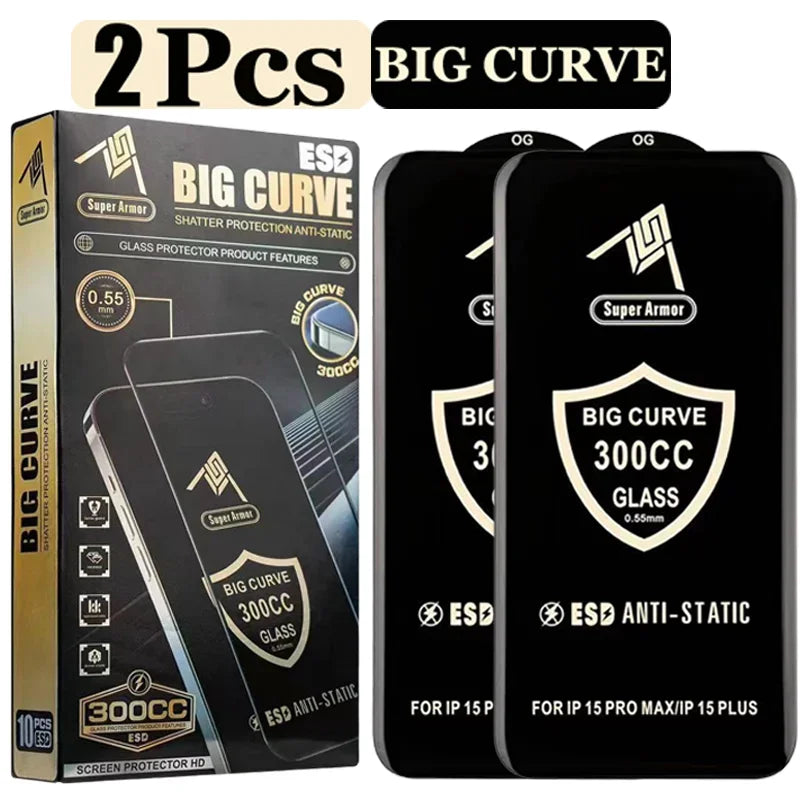2-pack 300CC big curve ESD anti-static tempered glass for iPhone 17 16 15 14 13 12 11 X XR XS Pro Max. HD clear, anti-scratch, anti-shatter. Free shipping!