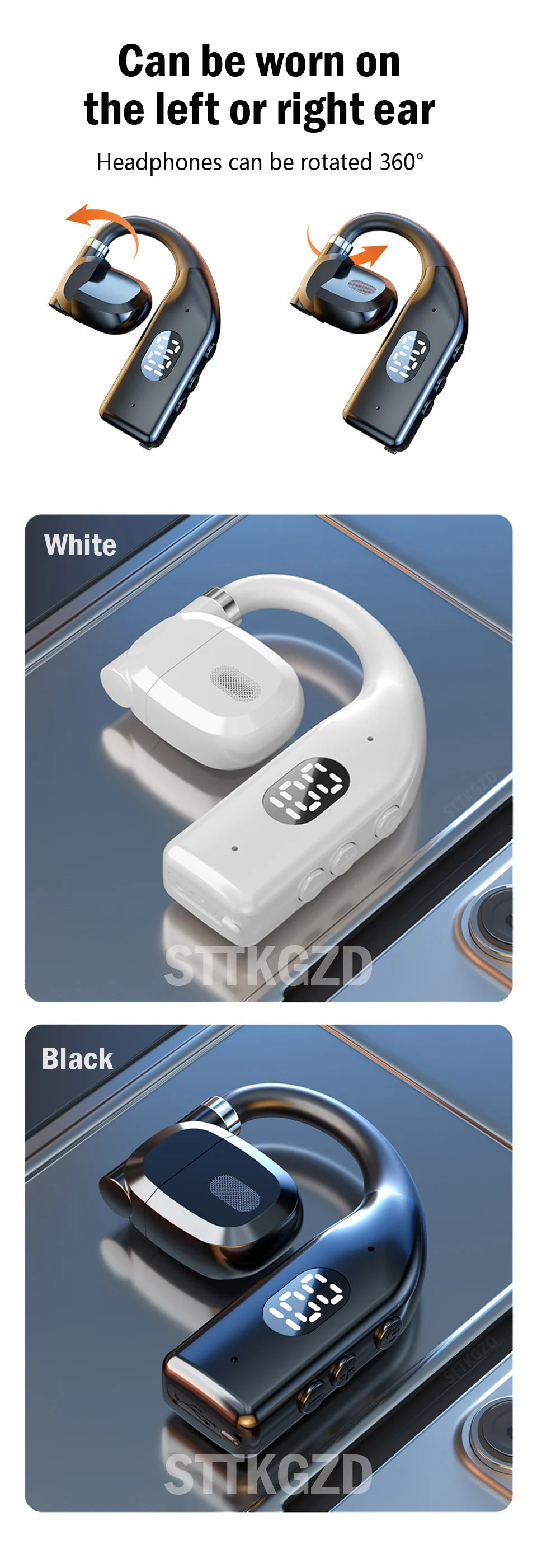 STTKGZD Bluetooth 5.3 Open-Ear Helmet Headset with ENC Noise Reduction LED Display