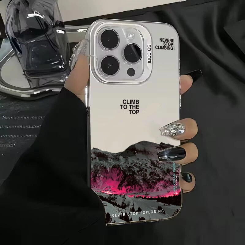 Snow Mountain Sunset Landscape Phone Case for iPhone 11-17 Pro Max – Electroplate Silver