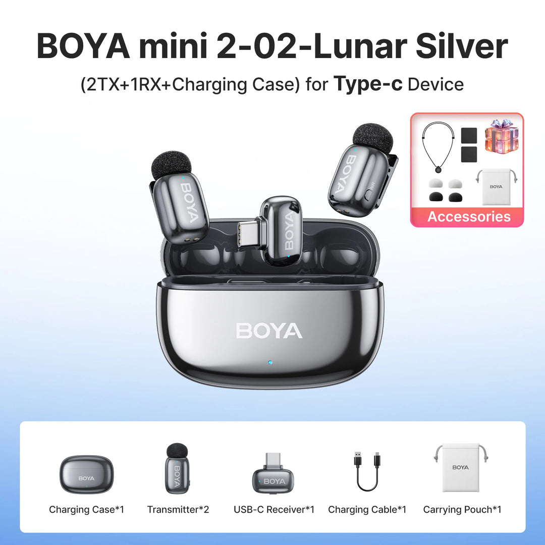 BOYA Mini 2 Wireless Lavalier Mic | AI Noise Cancellation 24-Bit for iPhone Android