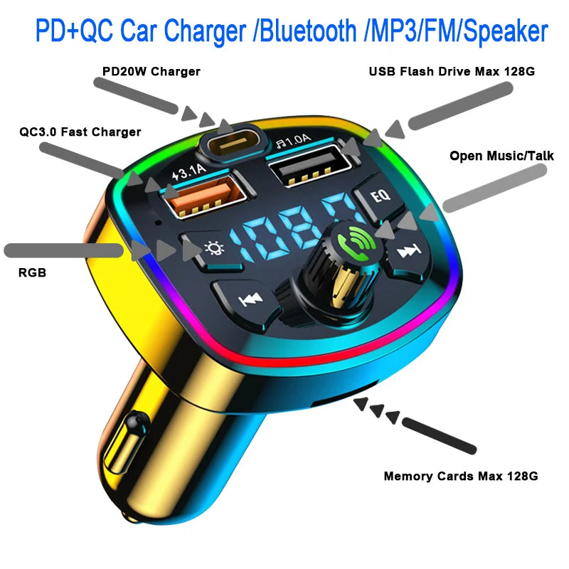 Bluetooth 5.0 FM Transmitter for Hands-Free Call, Car USB Charger, MP3 Player