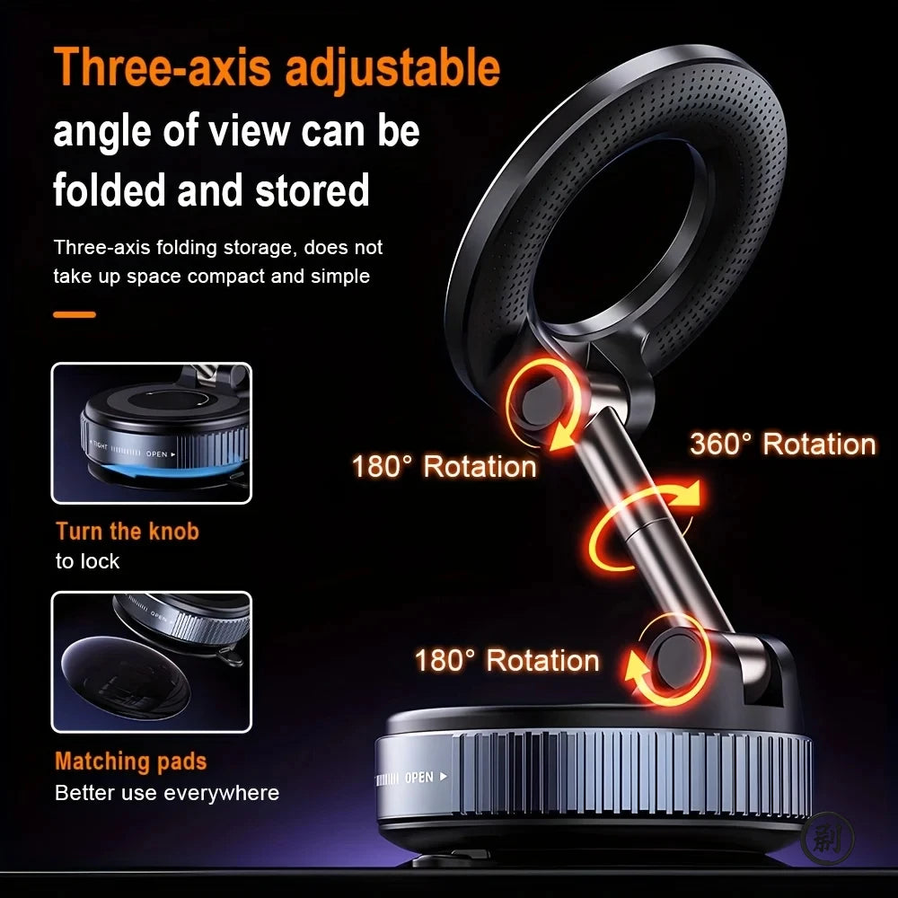 Foldable Magnetic Vacuum Phone Holder | 360° Adjustable Mount for Car Desk Bathroom Gym Mirror