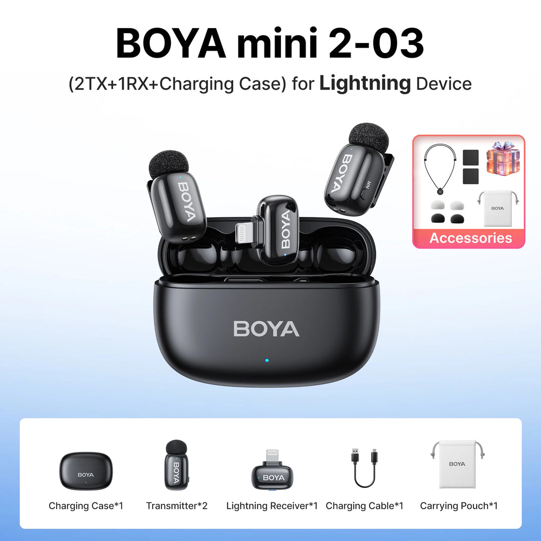 BOYA Mini 2 Wireless Lavalier Mic | AI Noise Cancellation 24-Bit for iPhone Android