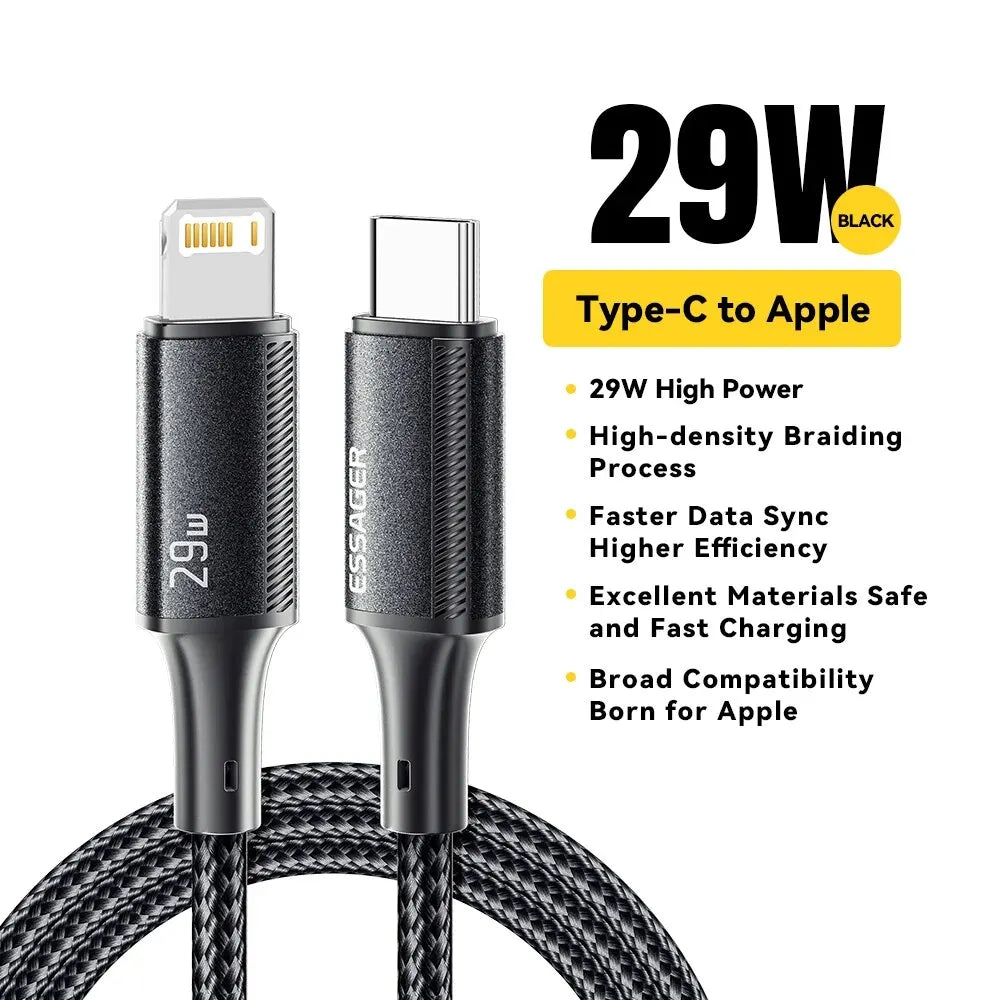 ESSAGER USB-C to Lightning Cable 3A 29W PD | Fast Charging Braided Cord iPhone 14 13 12 11 iPad
