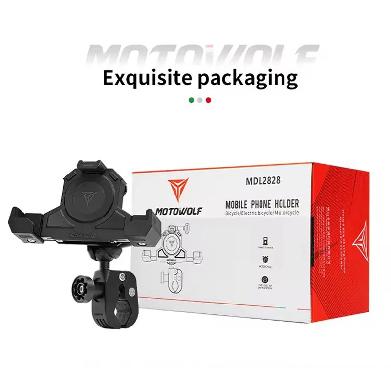 MOTOWOLF Motorcycle Phone Holder – Wireless Charging 360° Aluminum GPS Mount