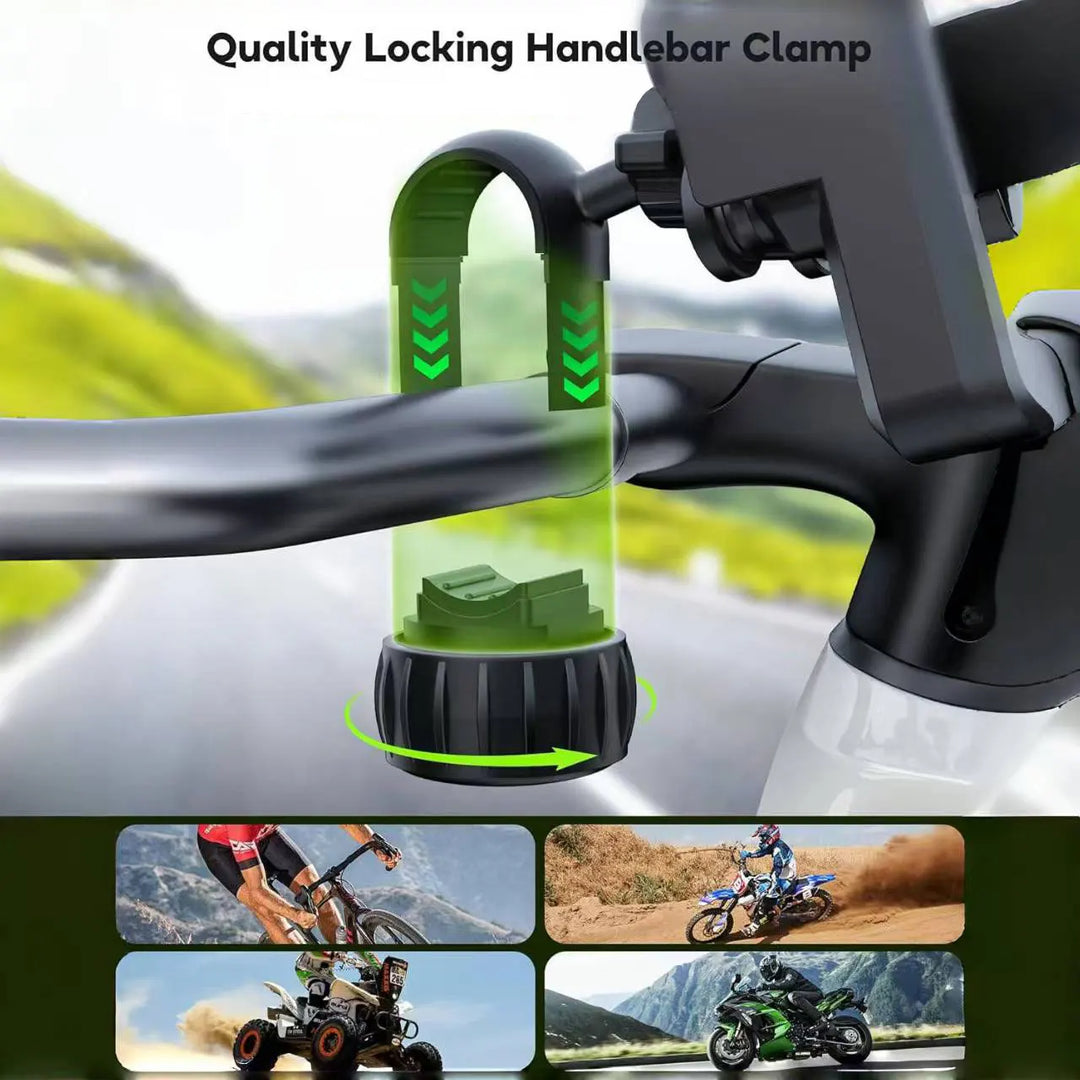 Anti-Vibration Bike Phone Mount – 360° Shock Absorber Handlebar Clamp