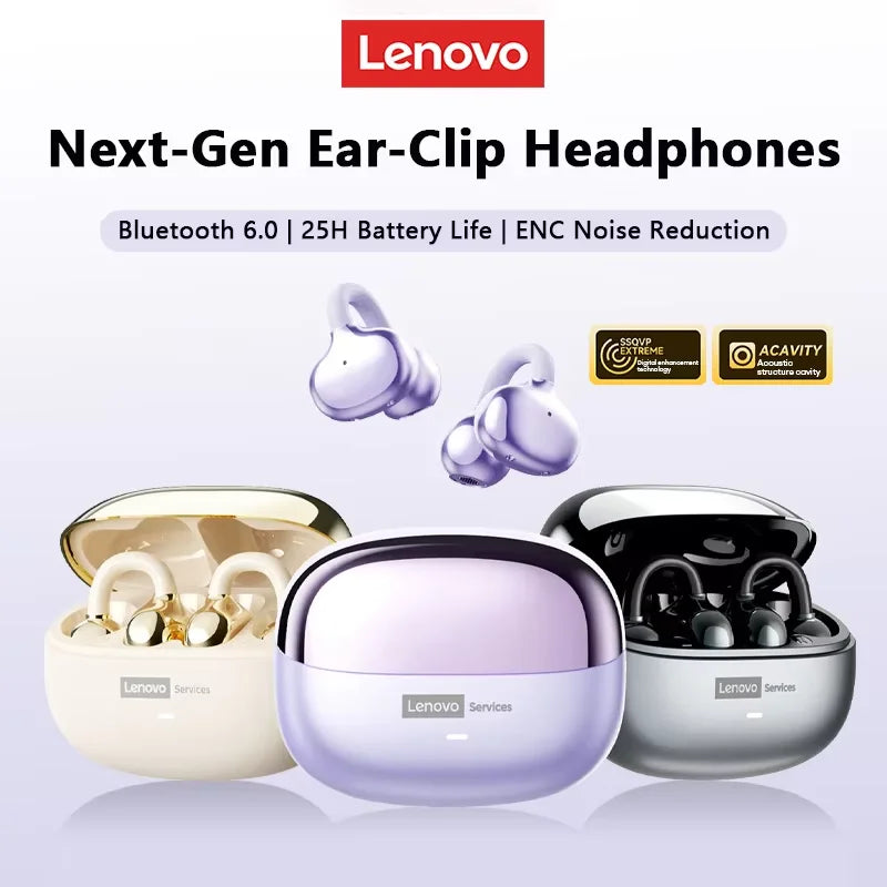 Lenovo LE302 Bluetooth 6.0 Ear Clip Headphones | ANC HiFi Stereo | Waterproof Sports Earphones