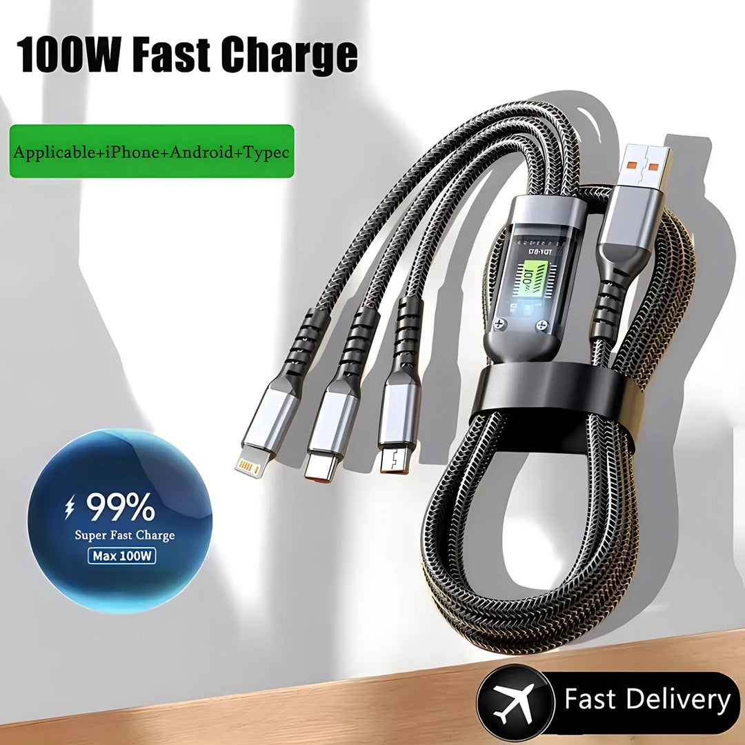 BESY 3-in-1 100W USB-A Cable | Fast Charging Type-C Lightning Micro USB Cord iPhone Samsung Xiaomi