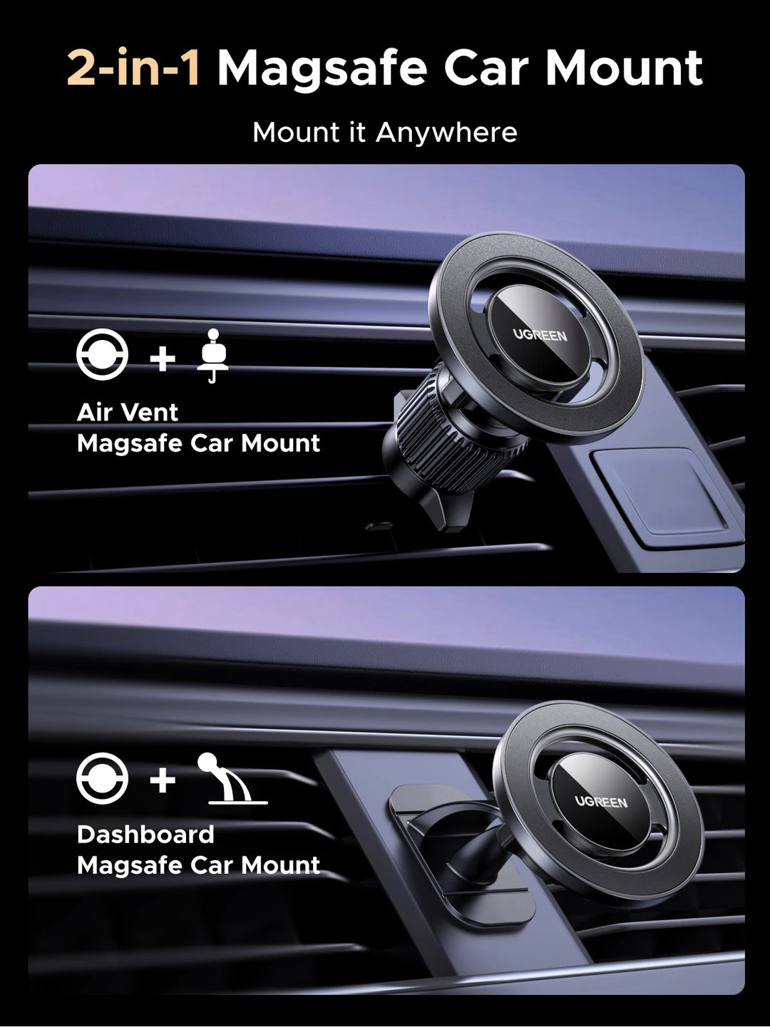 UGREEN Magnetic Car Phone Holder – 2-in-1 360° MagSafe Mount LP986
