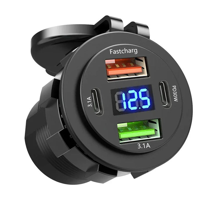 96W 4-Port Car Charger Socket, Dual USB-C & QC3.0 12V/24V