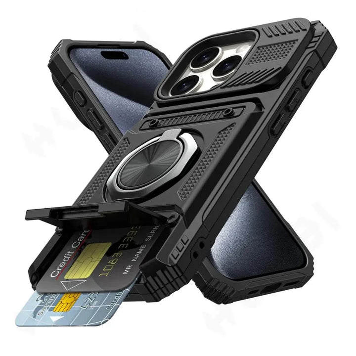 Heavy Duty Magnetic Ring Kickstand Wallet Case with Magsafe & 360° Stand