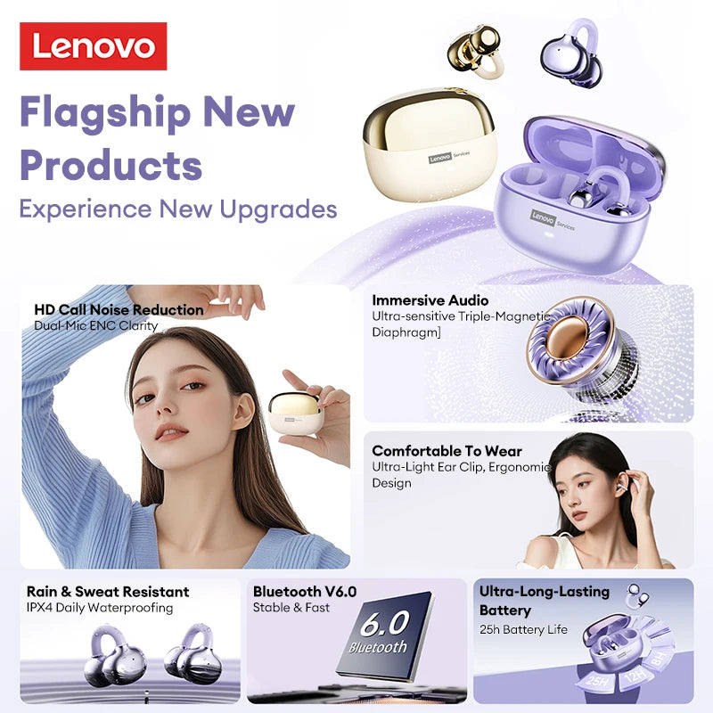 Lenovo LE302 Bluetooth 6.0 Ear Clip Headphones | ANC HiFi Stereo | Waterproof Sports Earphones