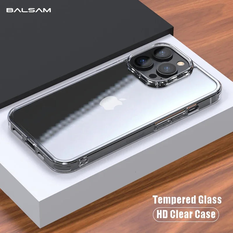 Balsam Luxury Tempered Glass Clear Case iPhone 16 15 14 13 12 11 X XR XS SE 8 7 Shockproof Cover