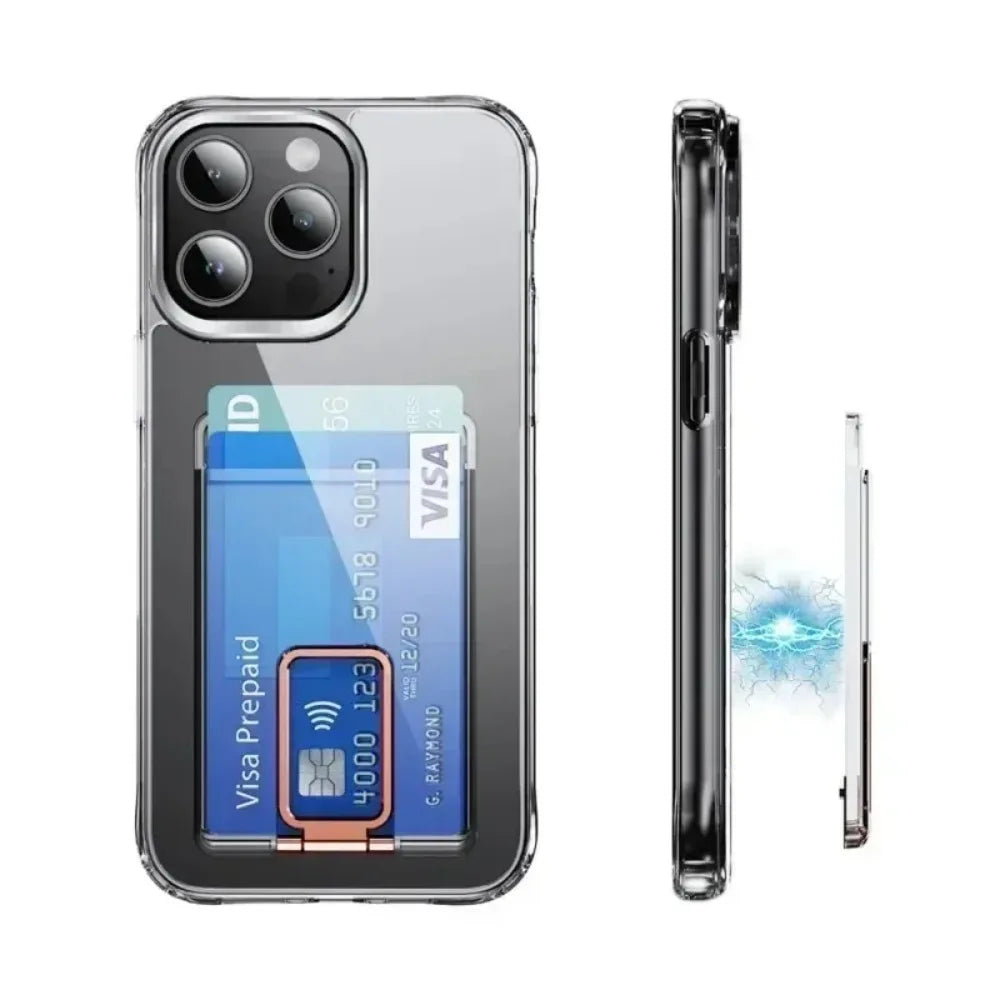 MagSafe Wallet Clear iPhone Case | Card Slot Fold Stand Magnetic Cover iPhone 16 15 14 13 12 11