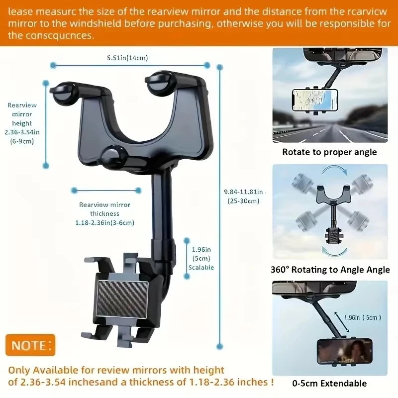 Car Rearview Mirror Phone Holder – 360° Retractable Clip Mount GPS Stand
