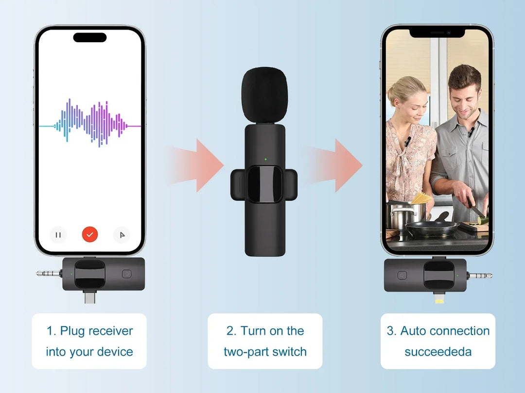 VIKEFON 3-in-1 Wireless Lavalier Microphone for iPhone, Android, DSLR & PC