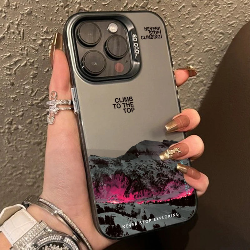 Snow Mountain Sunset Landscape Phone Case for iPhone 11-17 Pro Max – Electroplate Silver