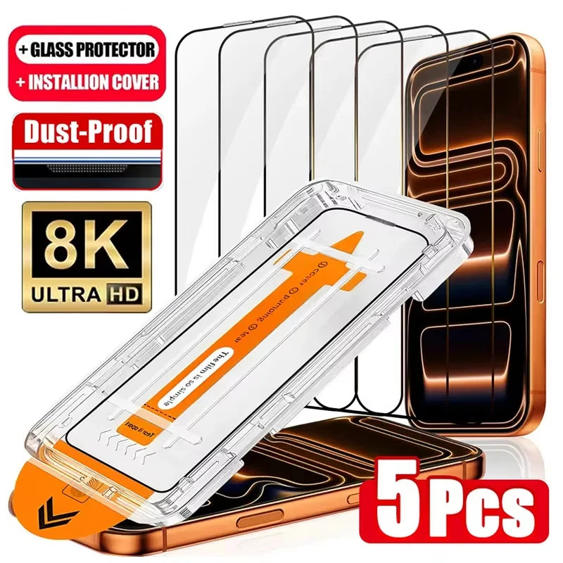 1-5 Pack Dust-Free Tempered Glass iPhone 17 Pro Max Air 16 15 14 13 12 Mini 11 XR XS X Anti-Blue Ray