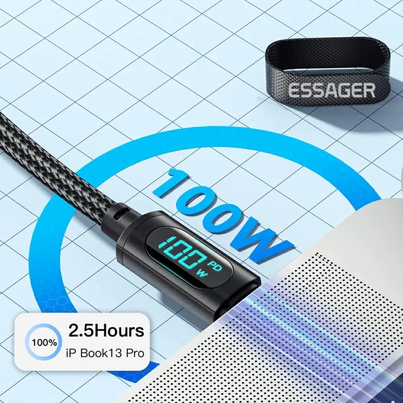 ESSAGER 100W USB-C to C Cable with LED Display | PD Fast Charging Xiaomi POCO Realme MacBook iPad