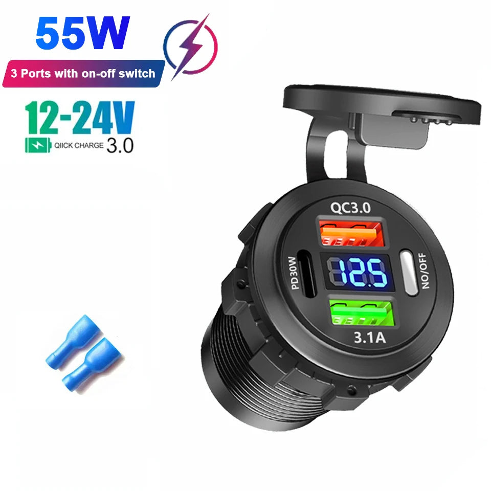 96W 4-Port Car Charger Socket, Dual USB-C & QC3.0 12V/24V