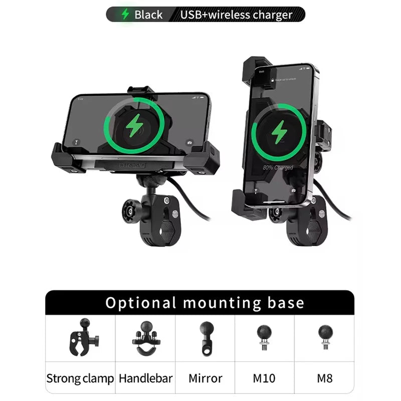 MOTOWOLF Motorcycle Phone Holder – Wireless Charging 360° Aluminum GPS Mount