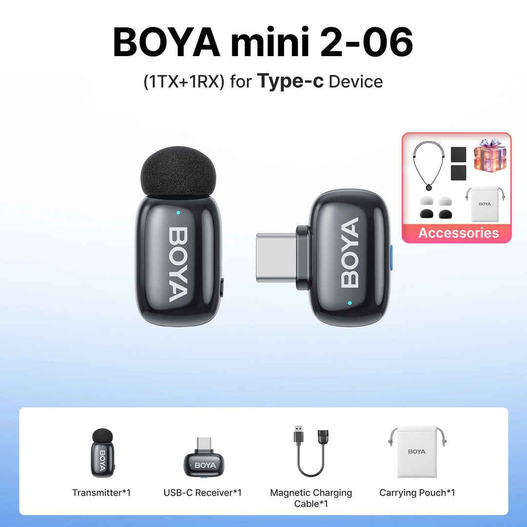 BOYA Mini 2 Wireless Lavalier Mic | AI Noise Cancellation 24-Bit for iPhone Android