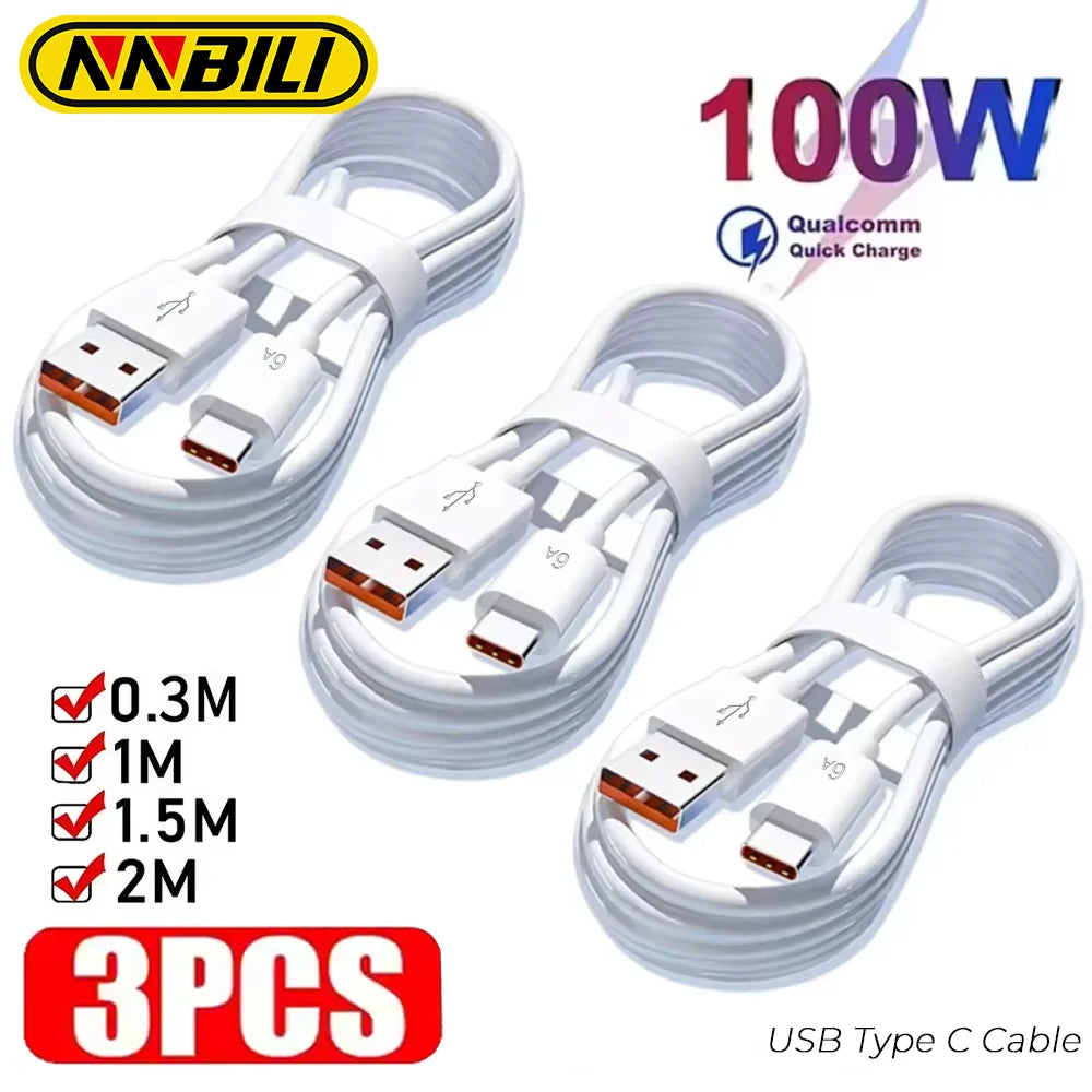 NNBILI 3-Pack 100W 6A USB-C Fast Charging Cable | Quick Charge Data Cord CE FCC RoHS Certified