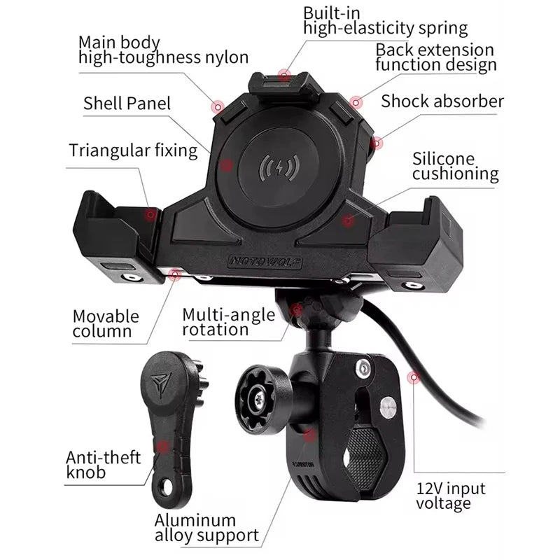 MOTOWOLF Motorcycle Phone Holder – Wireless Charging 360° Aluminum GPS Mount