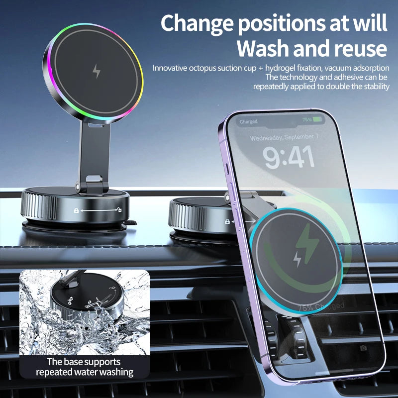 KEBETEME 15W Wireless Charging Car Mount – Vacuum Suction Magnetic Phone Holder
