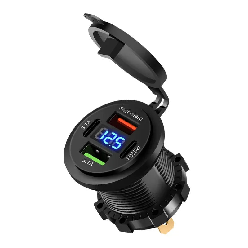 96W 4-Port Car Charger Socket, Dual USB-C & QC3.0 12V/24V