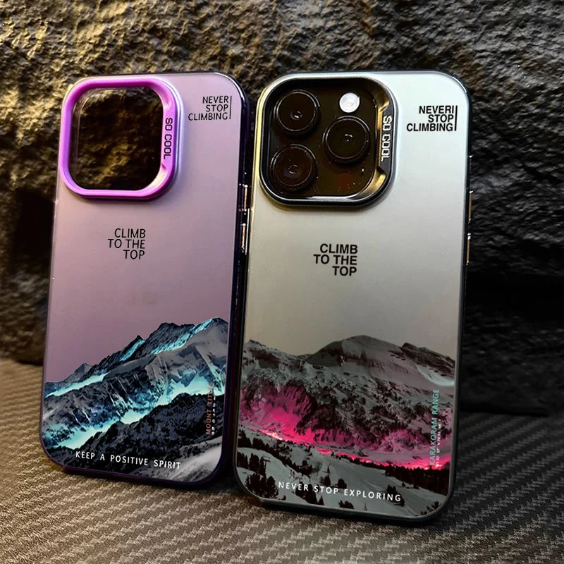 Snow Mountain Sunset Landscape Phone Case for iPhone 11-17 Pro Max – Electroplate Silver