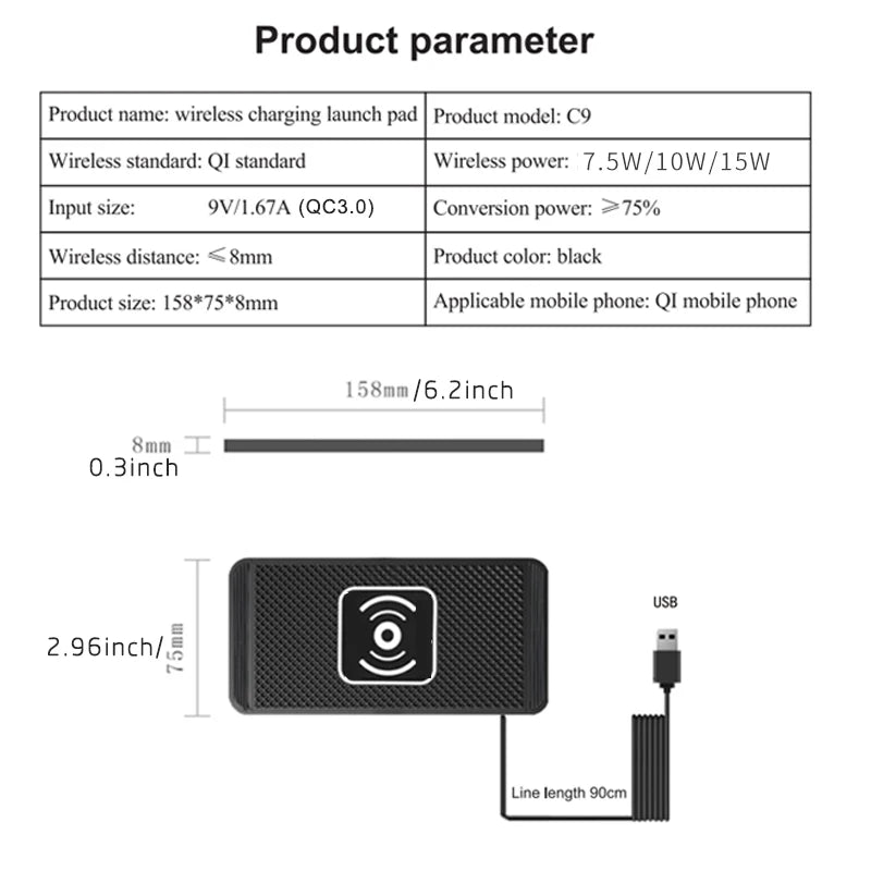 Wireless Car Charger Pad – 15W Fast Qi Charging Non-Slip Mat