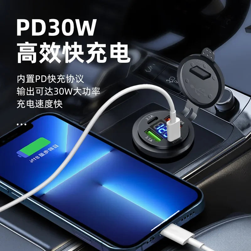 96W 4-Port Car Charger Socket, Dual USB-C & QC3.0 12V/24V