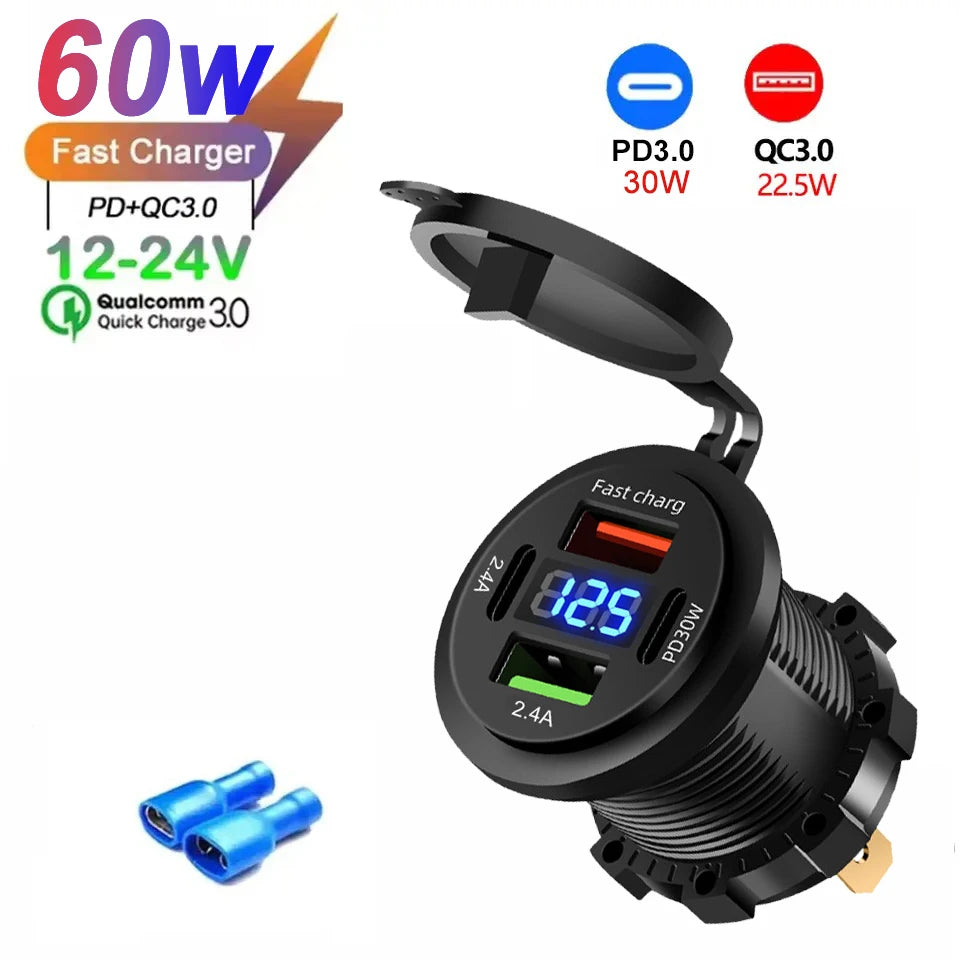 96W 4-Port Car Charger Socket, Dual USB-C & QC3.0 12V/24V