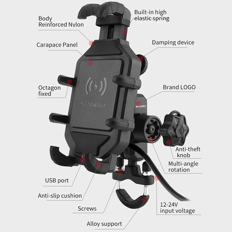 MOTOWOLF Motorcycle Wireless Charging Phone Mount – 3.0 Quick Charge GPS Holder