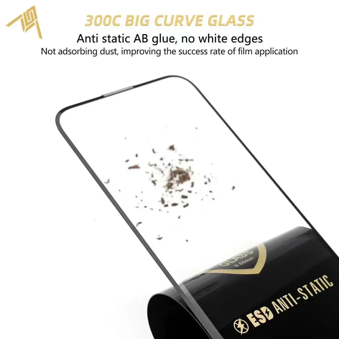 2-pack 300CC big curve ESD anti-static tempered glass for iPhone 17 16 15 14 13 12 11 X XR XS Pro Max. HD clear, anti-scratch, anti-shatter. Free shipping!
