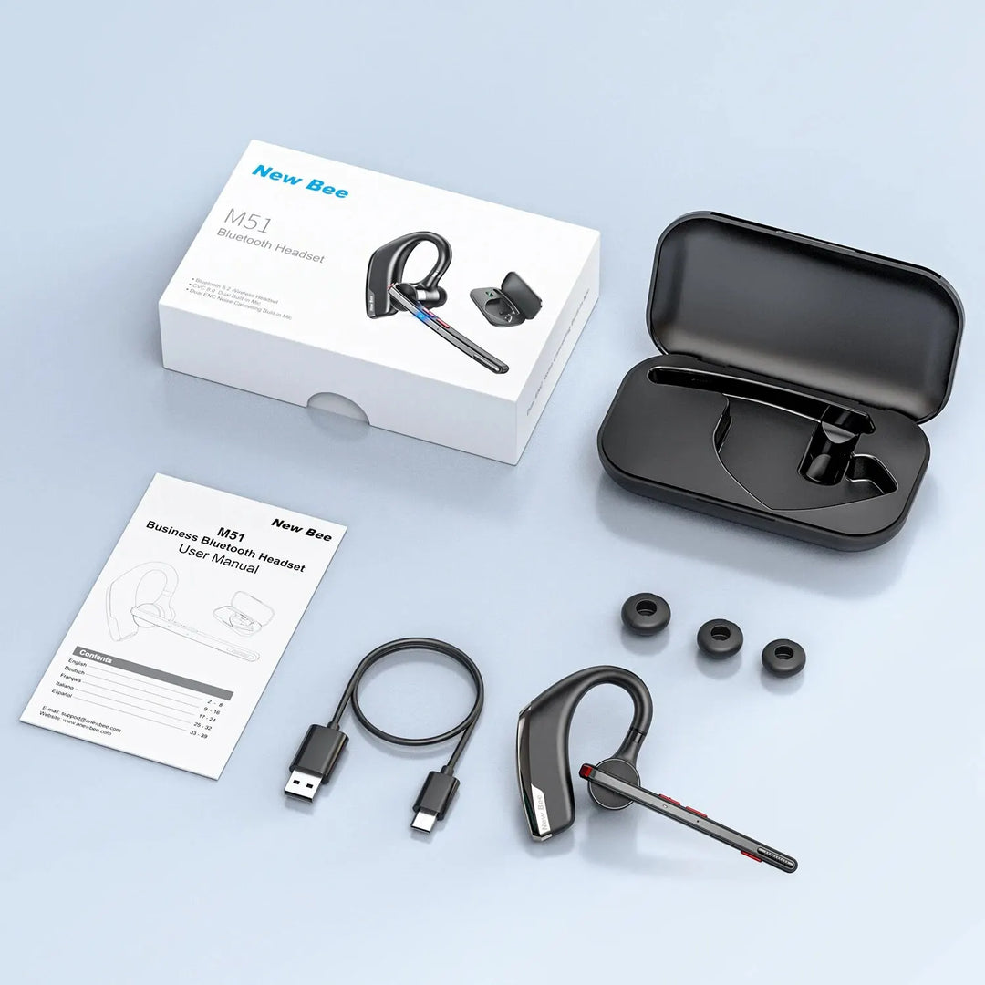 New Bee M51 Wireless Bluetooth Headset with Dual-Mic CVC8.0 Noise Cancelling for Professionals
