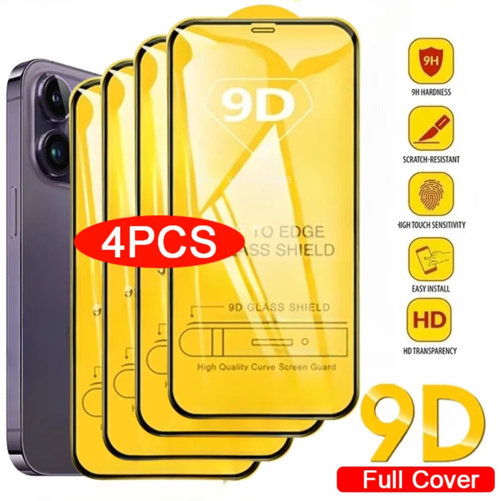 4-Pack 9D Full Cover Tempered Glass iPhone 17 16 15 14 13 12 11 Pro Max Plus X XR XS HD Anti-Scratch