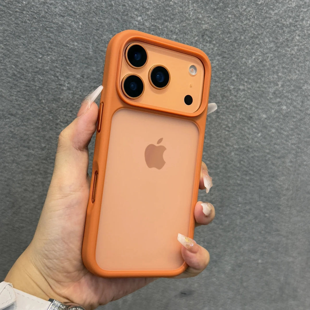 Luxury Orange Matte Transparent iPhone 17 Pro Max Case | Metal Buttons Shockproof Cover