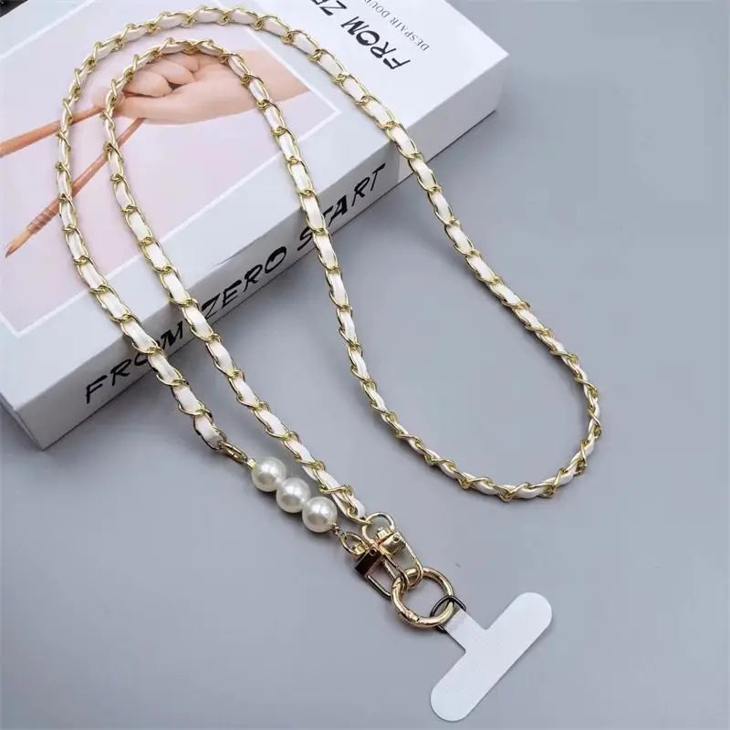 Pearl & Leather Phone Crossbody Strap — pearl phone crossbody strap