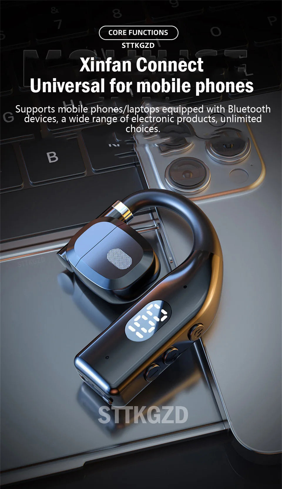 STTKGZD Bluetooth 5.3 Open-Ear Helmet Headset with ENC Noise Reduction LED Display