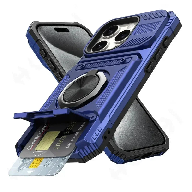 Heavy Duty Magnetic Ring Kickstand Wallet Case with Magsafe & 360° Stand