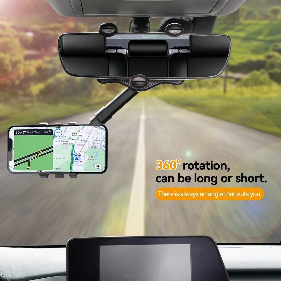 Car Rearview Mirror Phone Holder – 360° Retractable Clip Mount GPS Stand