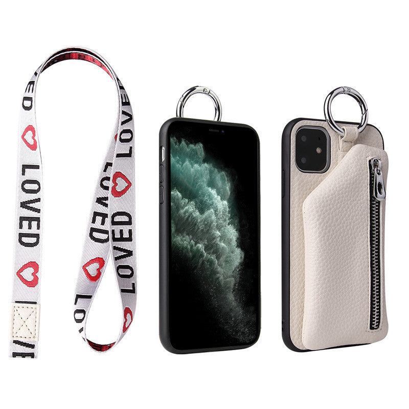 Black and White Crossbody Phone Case Wallet with Lanyard and Coin Purse
