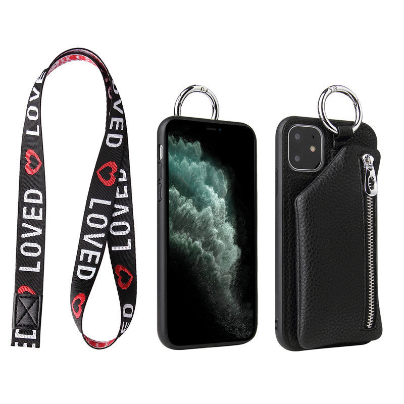 Black and White Crossbody Phone Case Wallet with Lanyard and Coin Purse